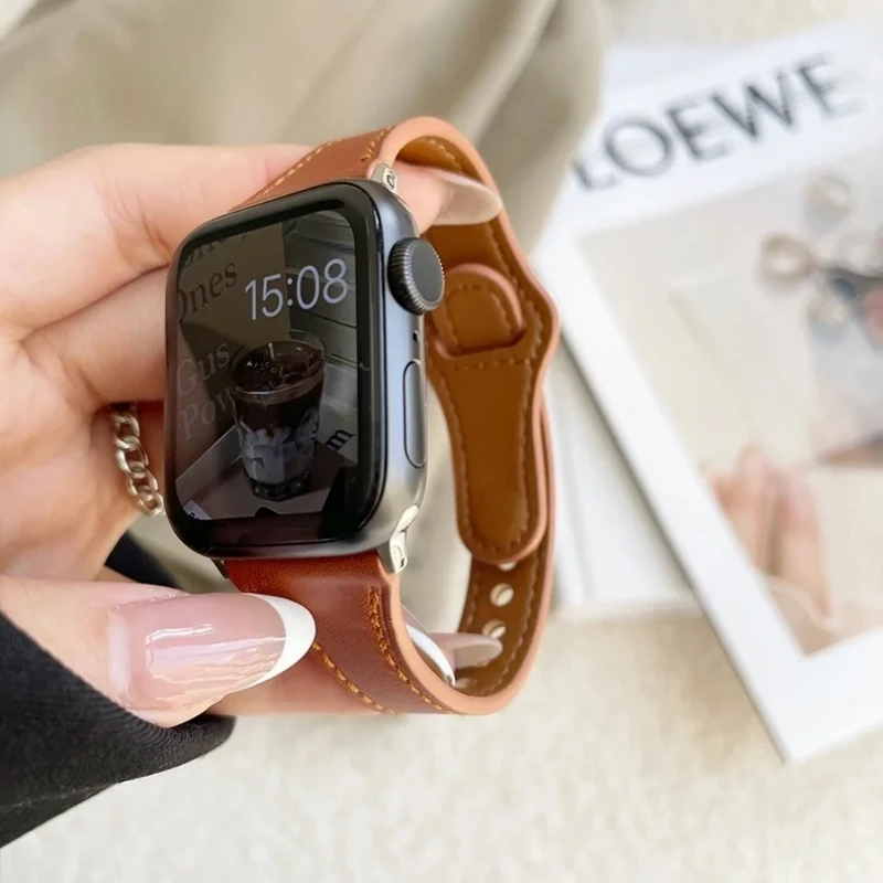 Slim Real Leather Band For Apple Watch 9 8 7 41/45mm Correa Girl Strap 40mm 44mm 38/42mm 49 Bracelet For iWatch Series SE 6 5 4