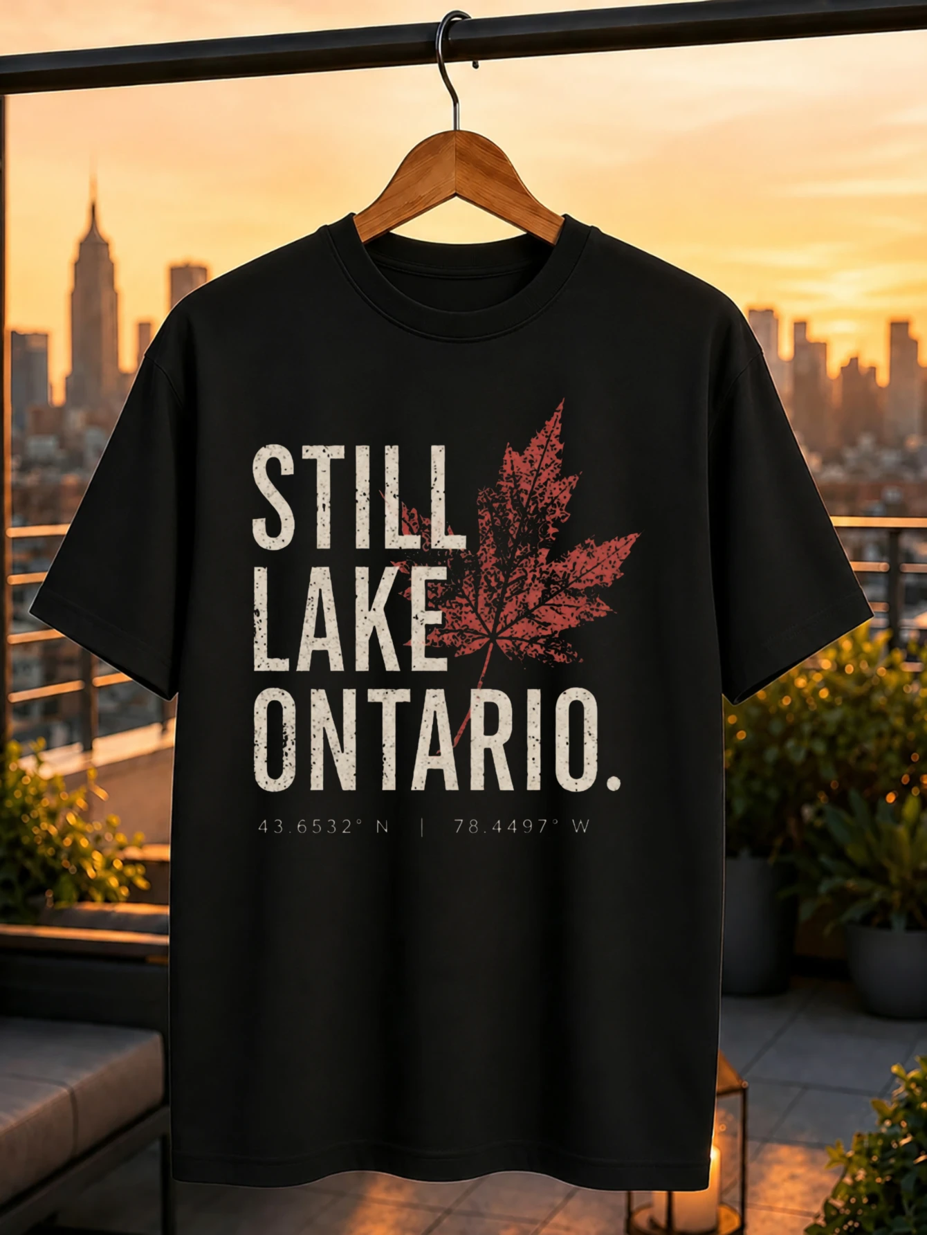 Still Lake Ontario Distressed Retro Vintage Maple Leaf Coordinates Graphic T‑Shirt, Men Women Casual Streetwear Short Sleeve Top