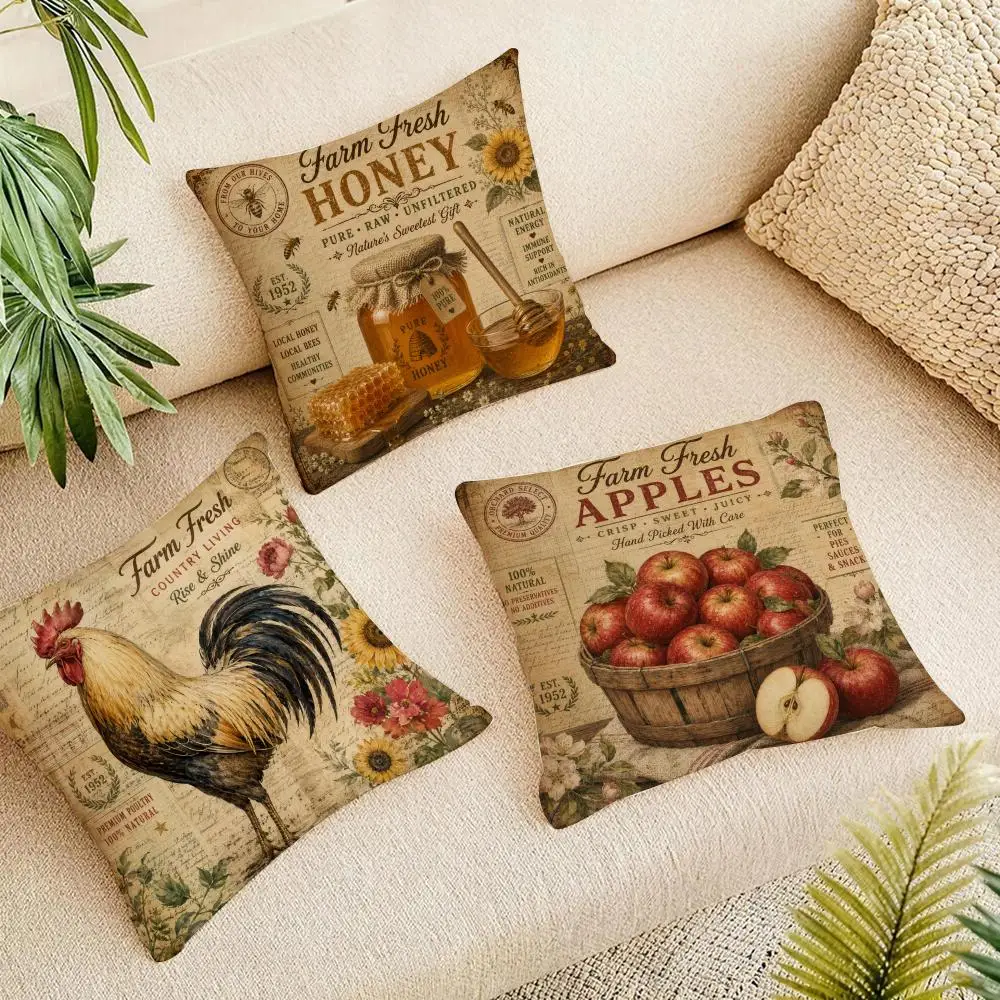 Vintage Farmhouse Market Cushion Cover Summer Coolness Linen Organic Fabric Sofa Pillow Case Double-Sided Printing Home Decor