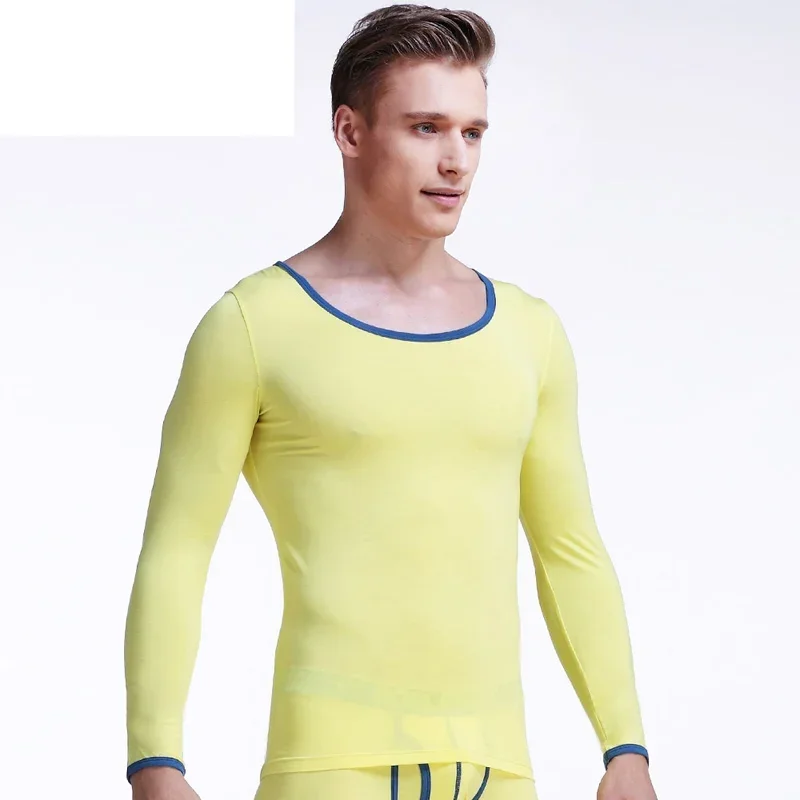 

Men's big round neck tight-fitting basic thermal underwear Modell autumn thin single base shirt low collar on the clothes