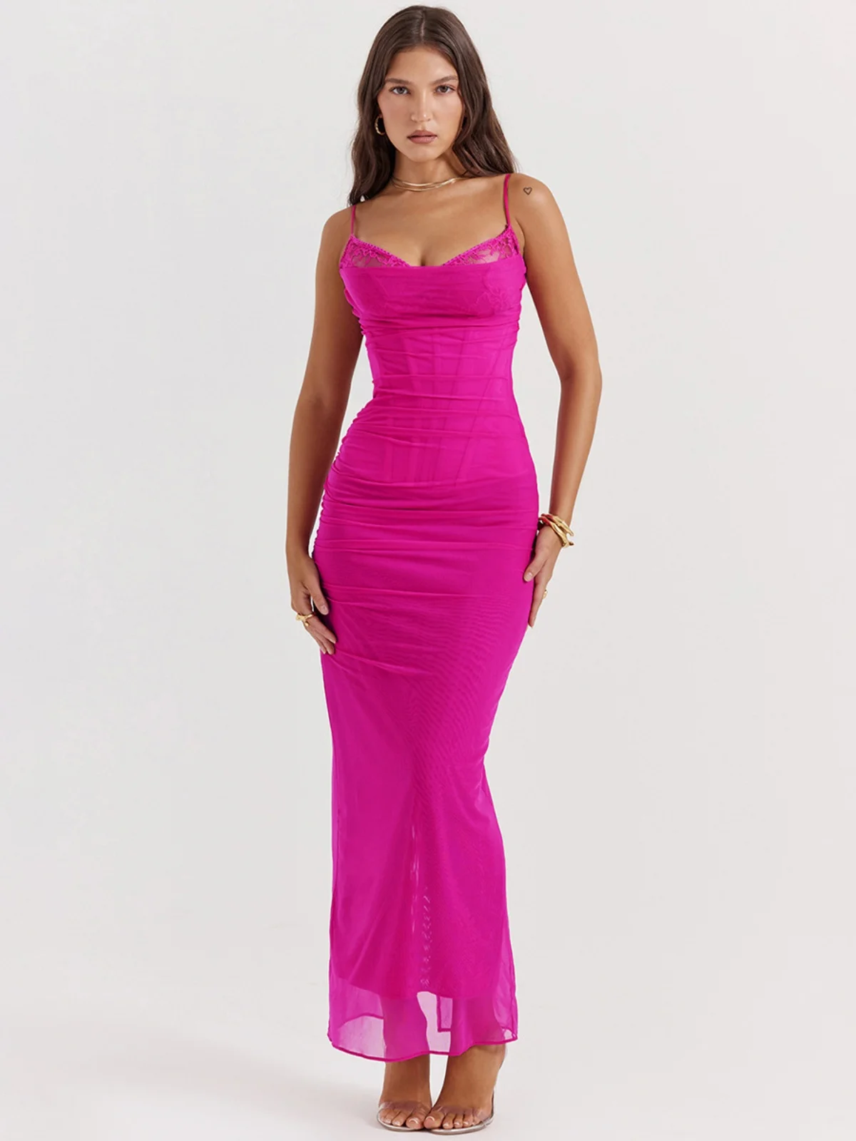 Sexy Me Lace Splice Fibone Strap Dr Long Skirt High Waist V-ne Zipper Closure A-line Silhouette No-sve Autumn Dr