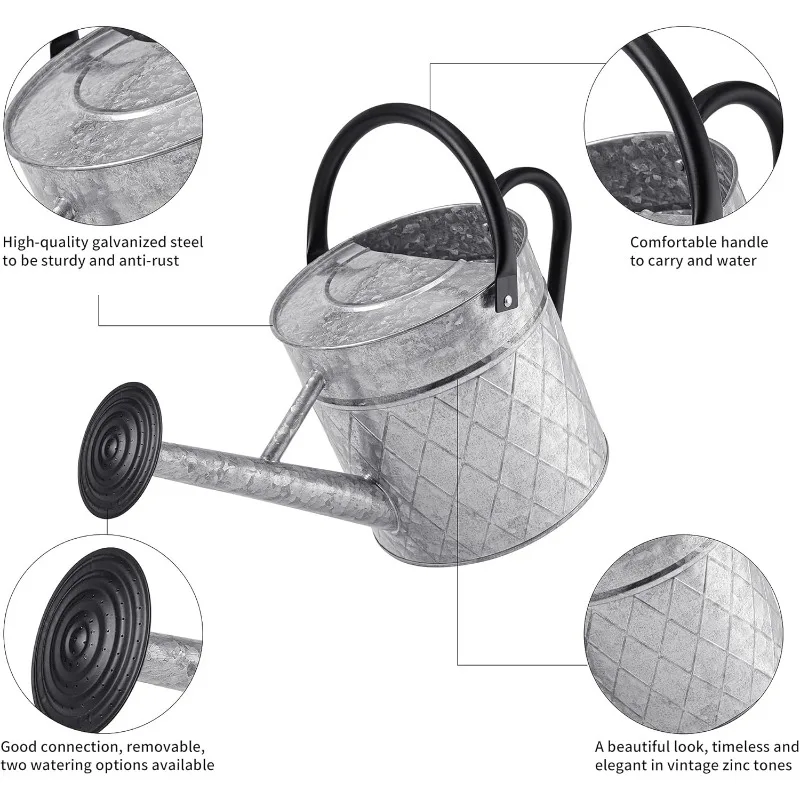 1.75 Gallon Outdoor Galvanized Metal Watering Can for Garden Plants, Vintage Zinc Watering Can with Removable Spray Spout