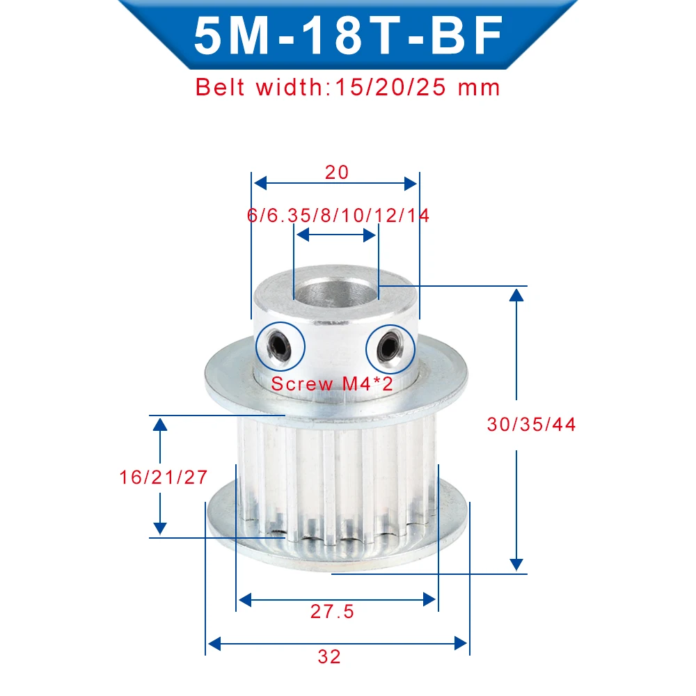 5M-18T Alloy Pulley Inner Bore 5/6/6.35/8/10/12/14 mm Pulley Wheel Circular Arc Tooth Fit For 5M Synchronous Belt Width 15/20/2