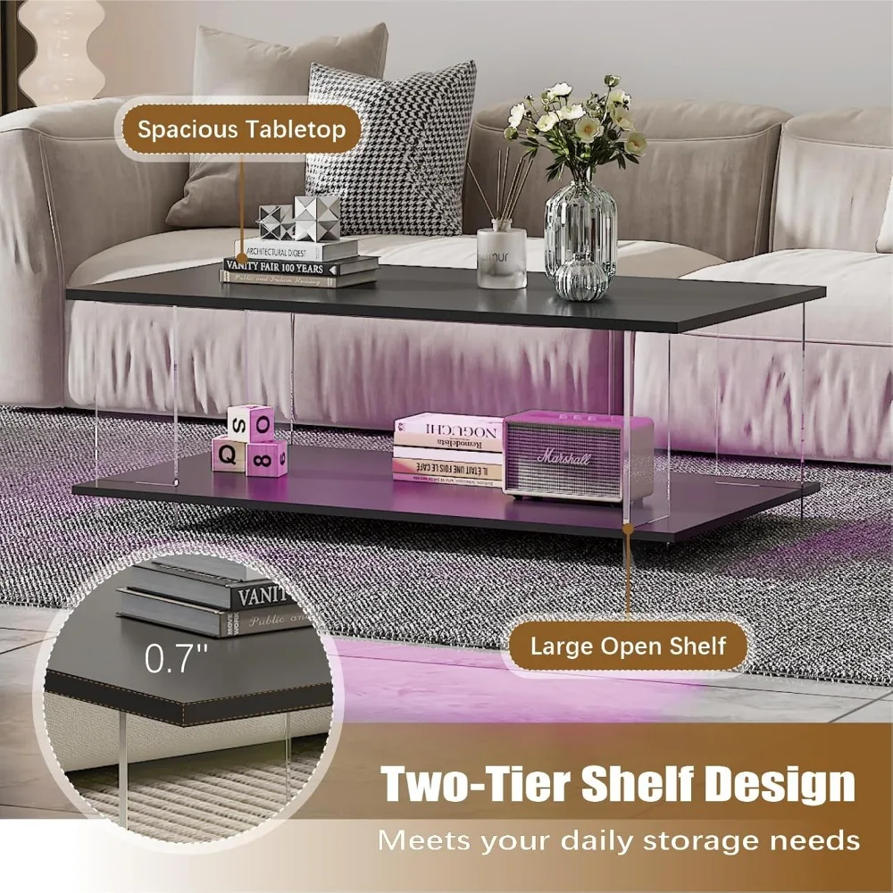 43" Acrylic Coffee Table with Black Wood Top, Minimalist Stylish Modern Rectangular Center Tables for Living Room, Led Living Ro