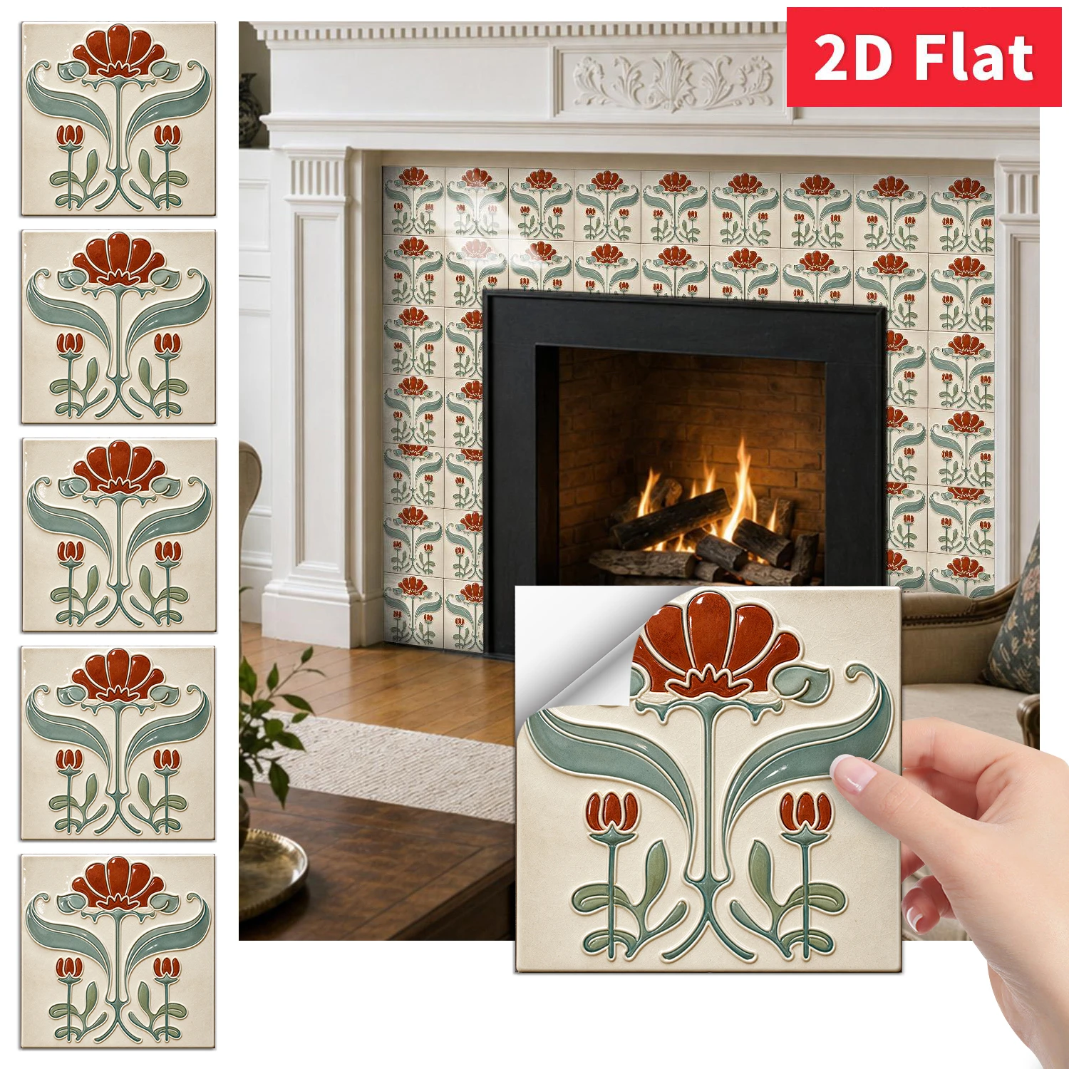 2D Flat Tile Stickers 6 Inch Self‑Adhesive Floral Wall Decals Removable for Kitchen Bathroom Home Decor 8/16/32/64 Pcs