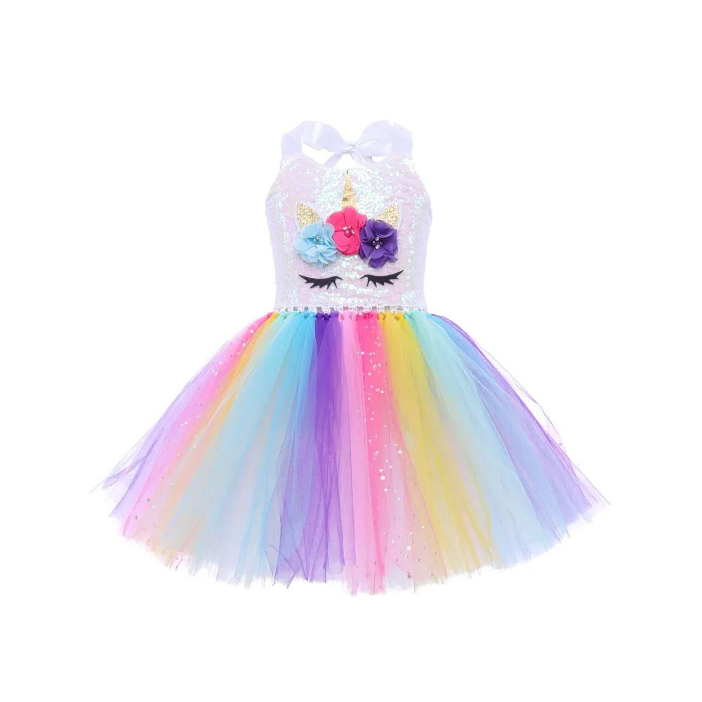 Kids Rainbow Color Sweet Cute Unicorn Style Sparkly Tutu Dress With Wand Headband Outfit Halloween Birthday Party Fancy Clothing
