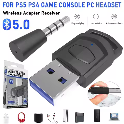 Wireless Game Audio Headphone Adapter Receiver for PS5 PS4 Game Console PC Headset USB Dongle Bluetooth 5.0 Audio Transmitter