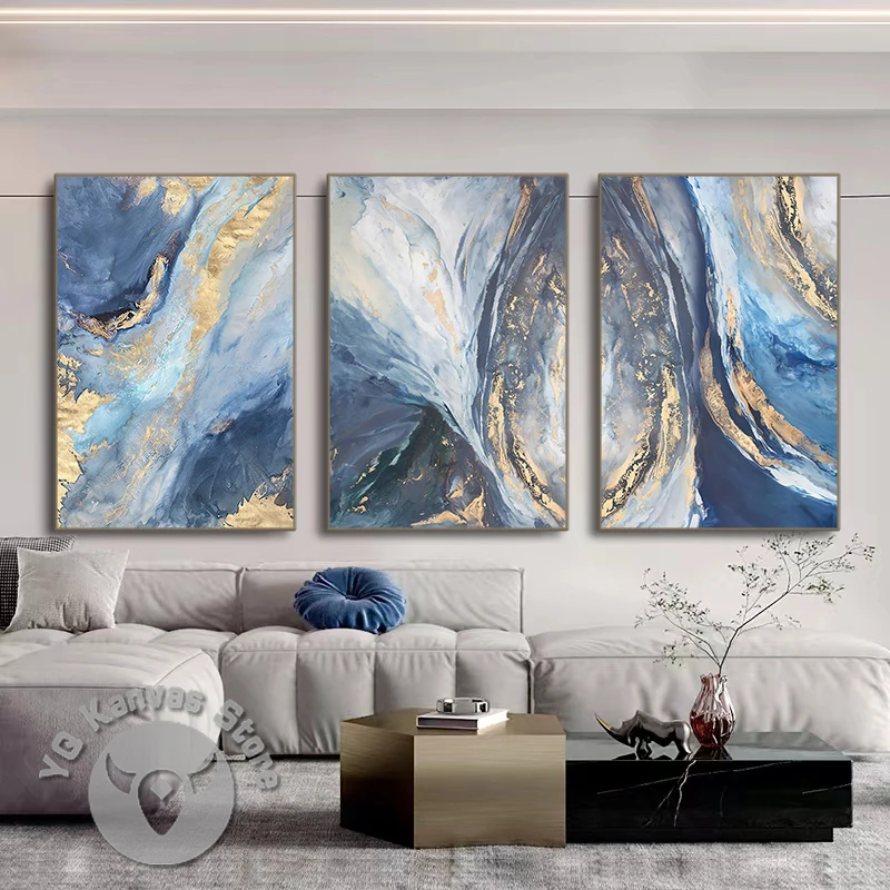 Modern Abstract Gold Foil Lines Blue Cyan Canvas Marbling Prints Art Paintings Living Room Wall Poster Home Decor