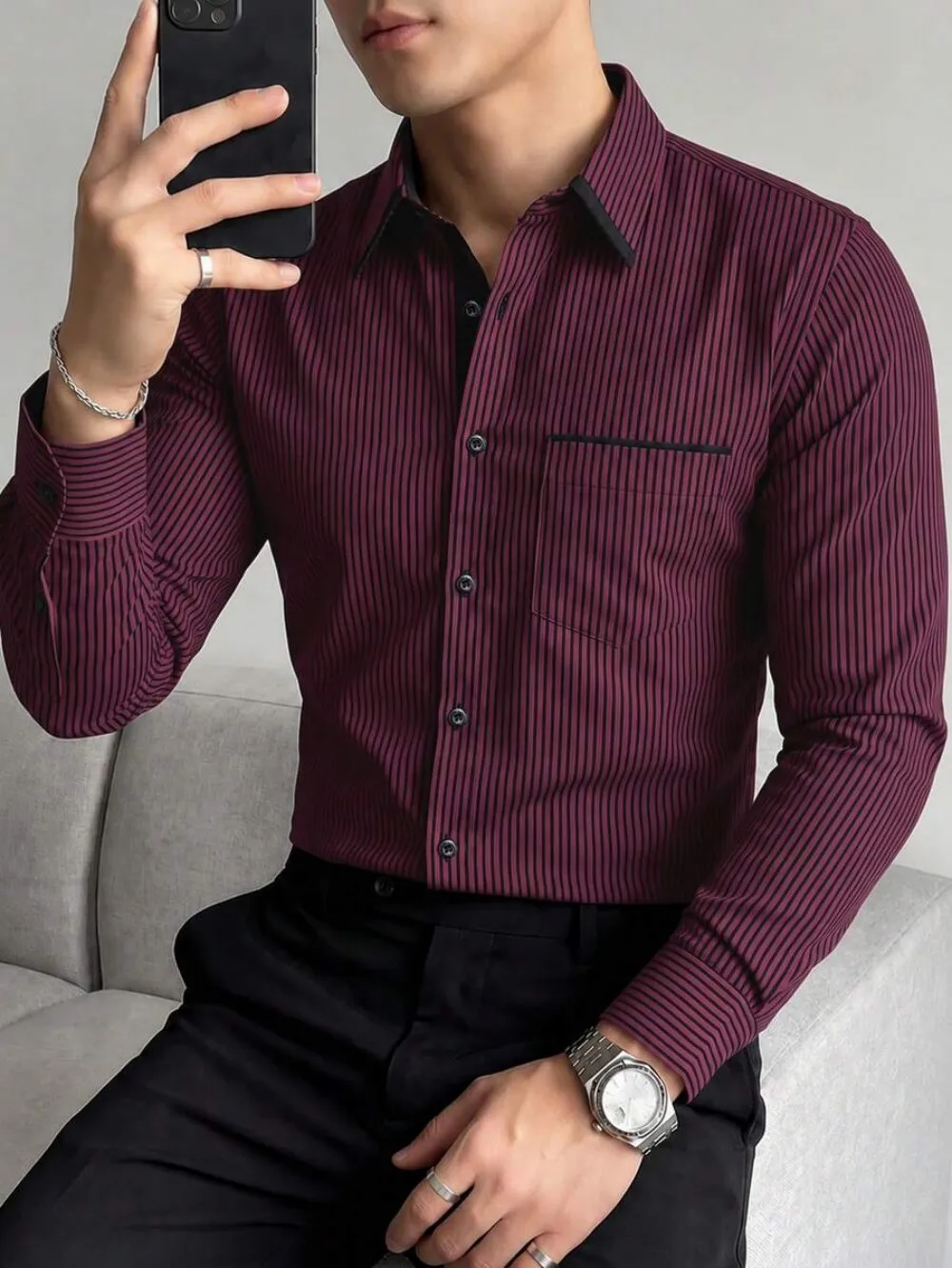 Men's Fashionable Business Casual Printed Striped Long Sleeved Shirt with Pockets, for Autumn Formal Wear,