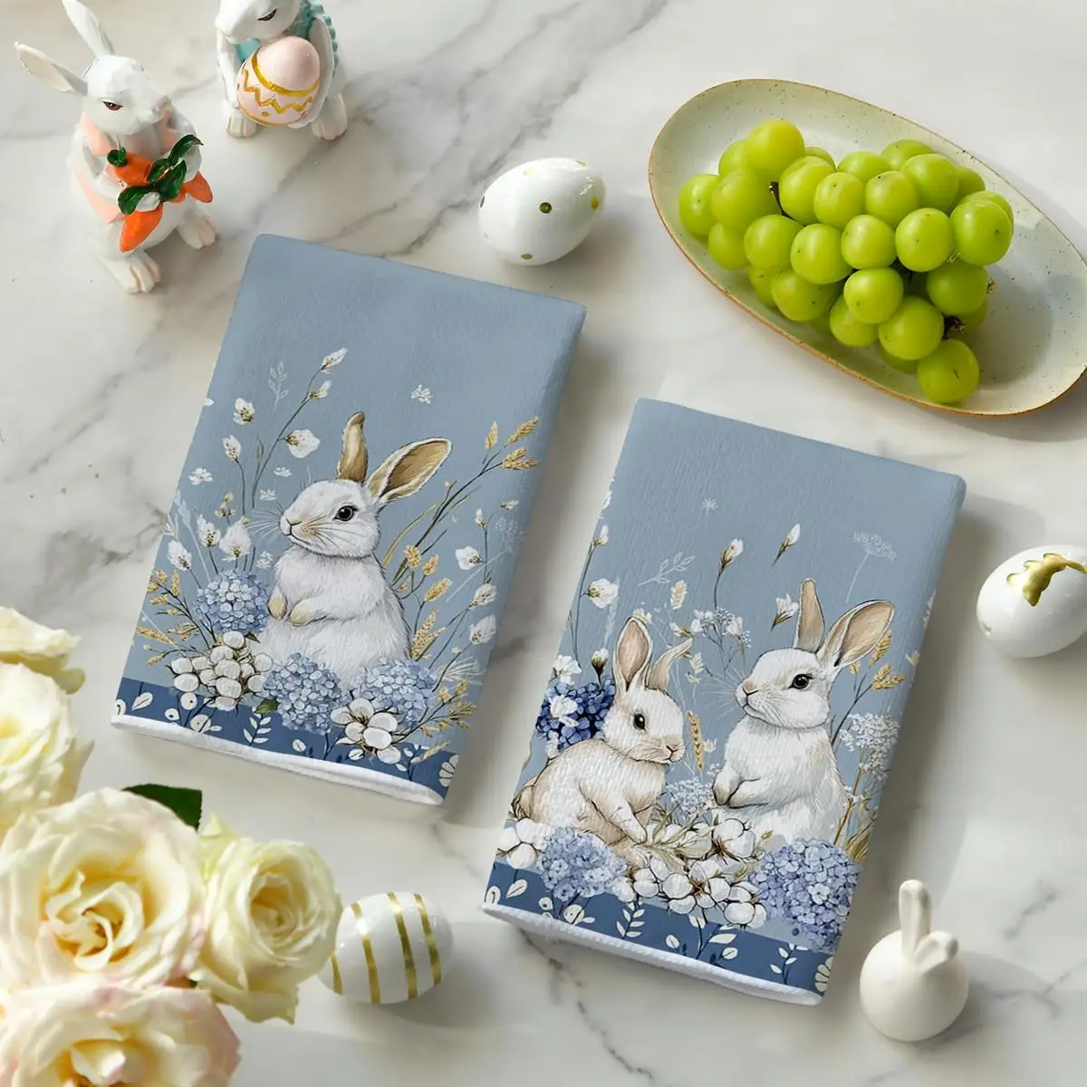 2Pcs, Blue Hydrangea Cute Rabbit Kitchen Towels, 40Cm*60Cm Towel Set, Super Absorbent Soft Cleaning Cloth, Cooking Baking Tea Towel, Hand Towel, Cleaning Cloth, Dishcloth, Kitchen Decoration, Living Room Decorations, Kitchen Essentials, Home Essentials