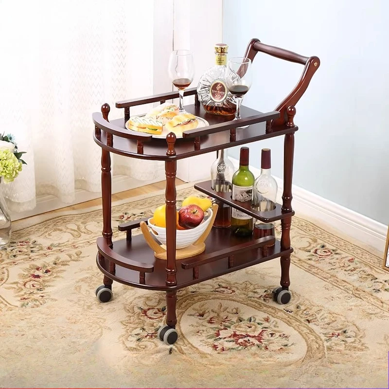 Elegant Solid Wood Serving Cart 2-Tier Rolling Kitchen Trolley for Restaurant Storage Rack Bar Mobile Tea Dessert Cake Server