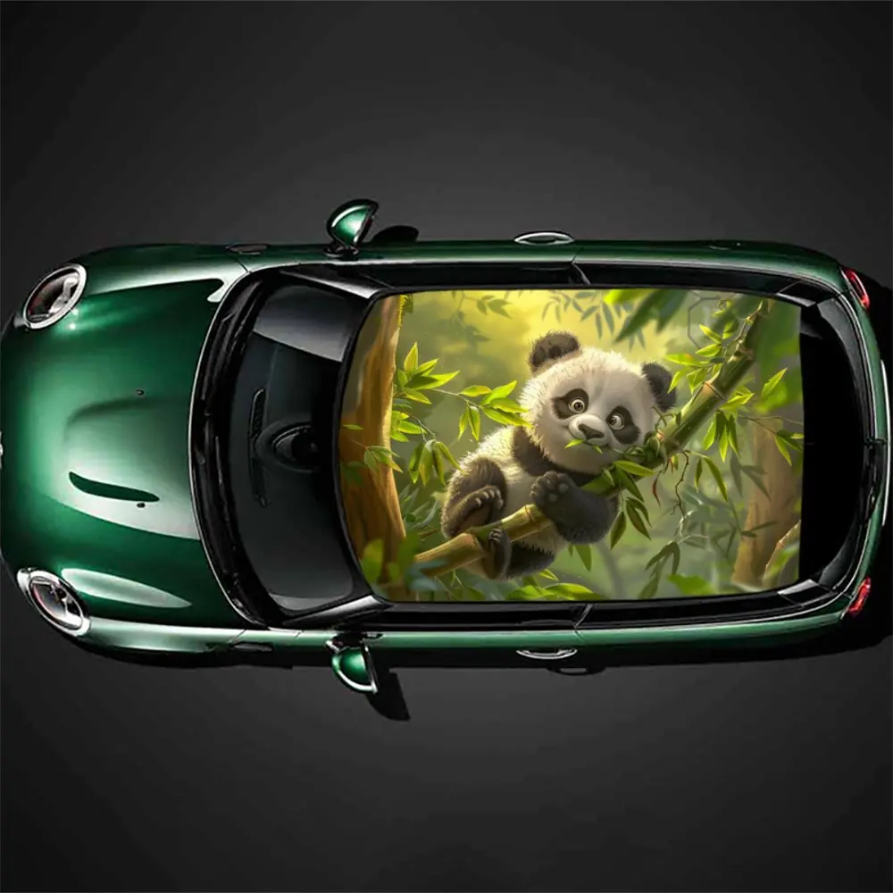 Cartoon Panda Climbing Bamboo Car Roof Sticker Wrap Racing SUV Auto Accessories Packaging PVC Car Hood Graphic Decal Decoration