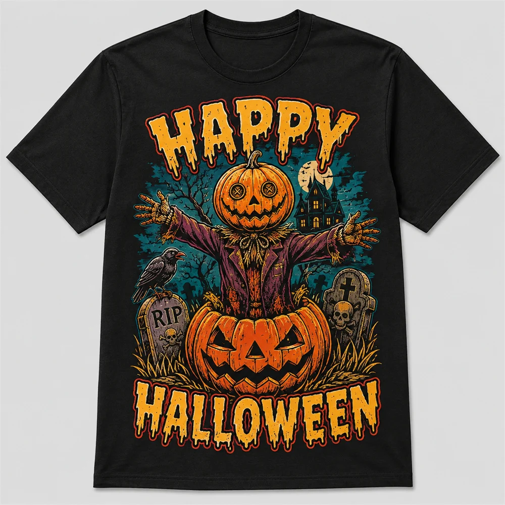 Happy Halloween T-shirt For Men Fun Holiday Slogans 3D Print Black Short Sleeve Tee Shirts Pumpkin Skull Ghost Design Trend Gift