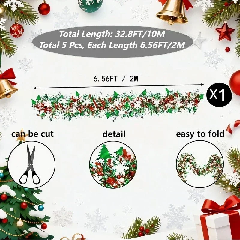 2M Red Green Glittering Metallic Twist Garland Hanging Decoration for Xmas Tree Winter Home Holiday Stairs New Year Party Decor - view 5