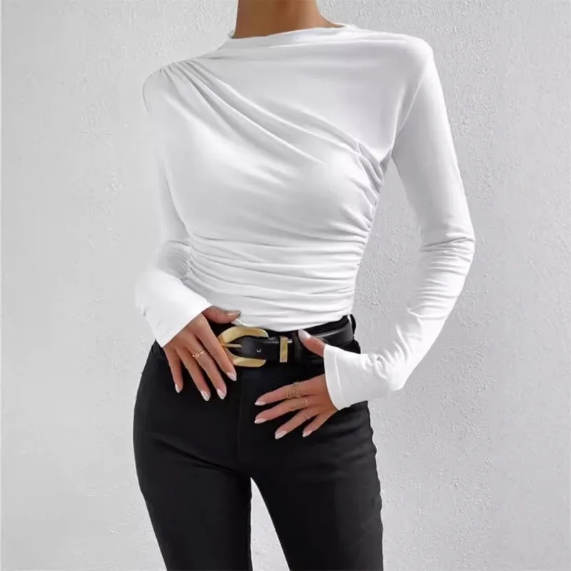 2024 Autumn New Style Solid Color Round Neck Close-fitting Base Shirt All-match Sense of Design Women's Dress Long Sleeve Jacket