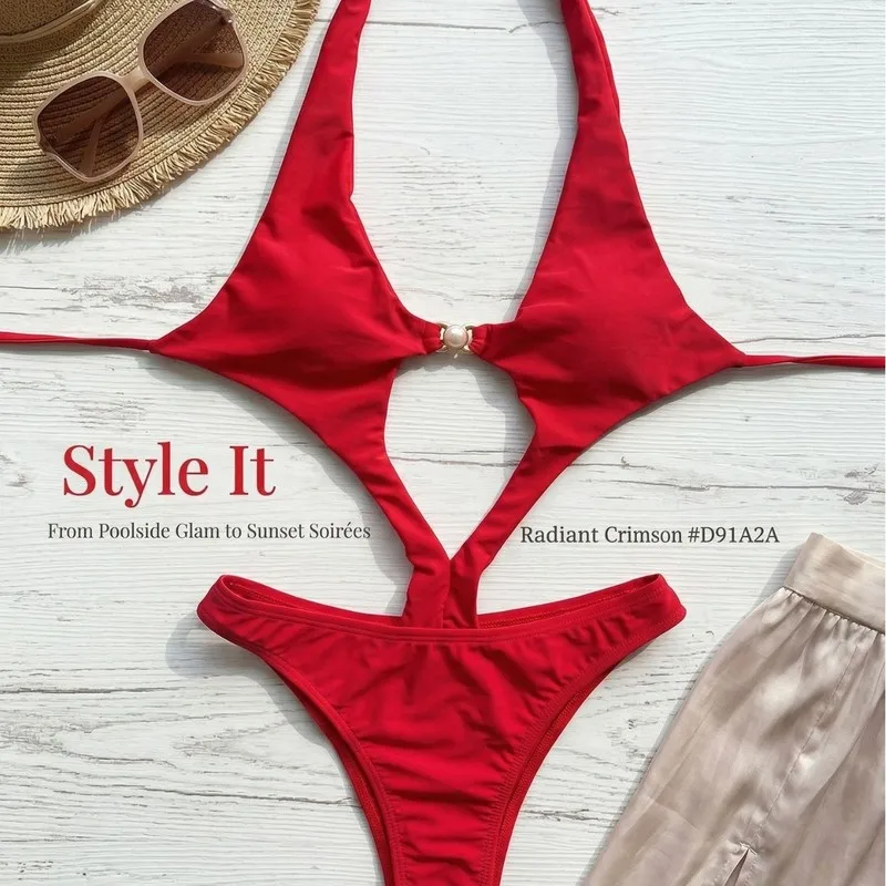 Womens 2026 Pearl Embellished Solid Nylon One Piece Bathing Suit Sexy Halter Deep V Neck Beach Swimwear Slim Fit Summer Vacation