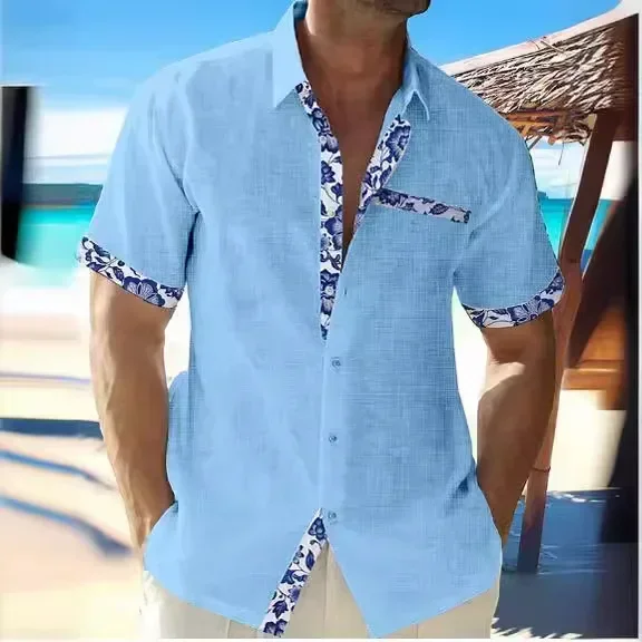 

2024 Men's New Hawaiian Beach Holiday Shirt Short Sleeve Cardigan Shirt Men's Cuff Front Color Lapel Shirt