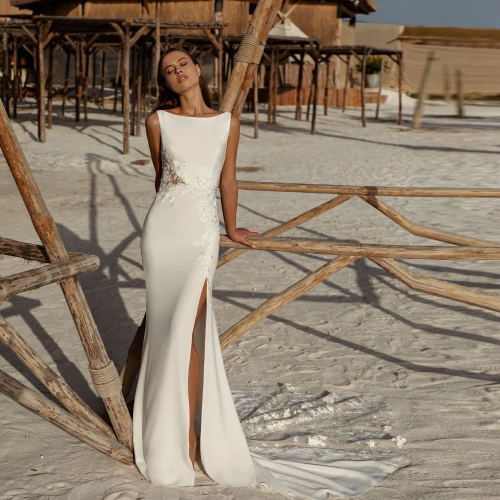 Vestidos de novia de sirena clásicos para novia, cuello redondo, sin mangas, Espalda descubierta, apliques de crecimiento nupcial, tren de barrido, 2023