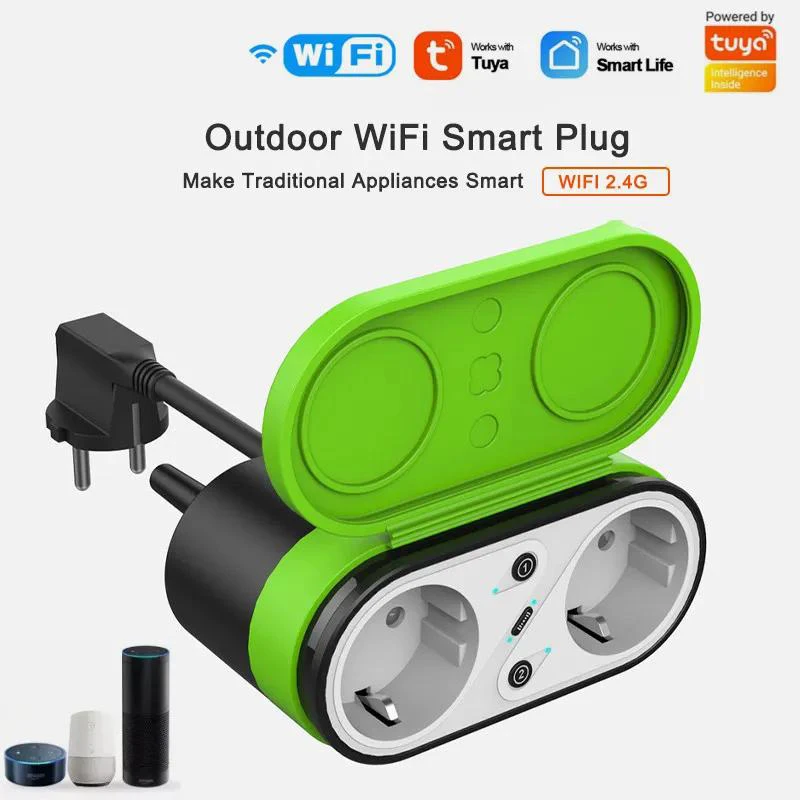 Tuya EU 16A Wifi Smart Outdoor Plug IP44 Waterproof Smart Double Socket Smart Life APP Voice Control Alexa Google Home