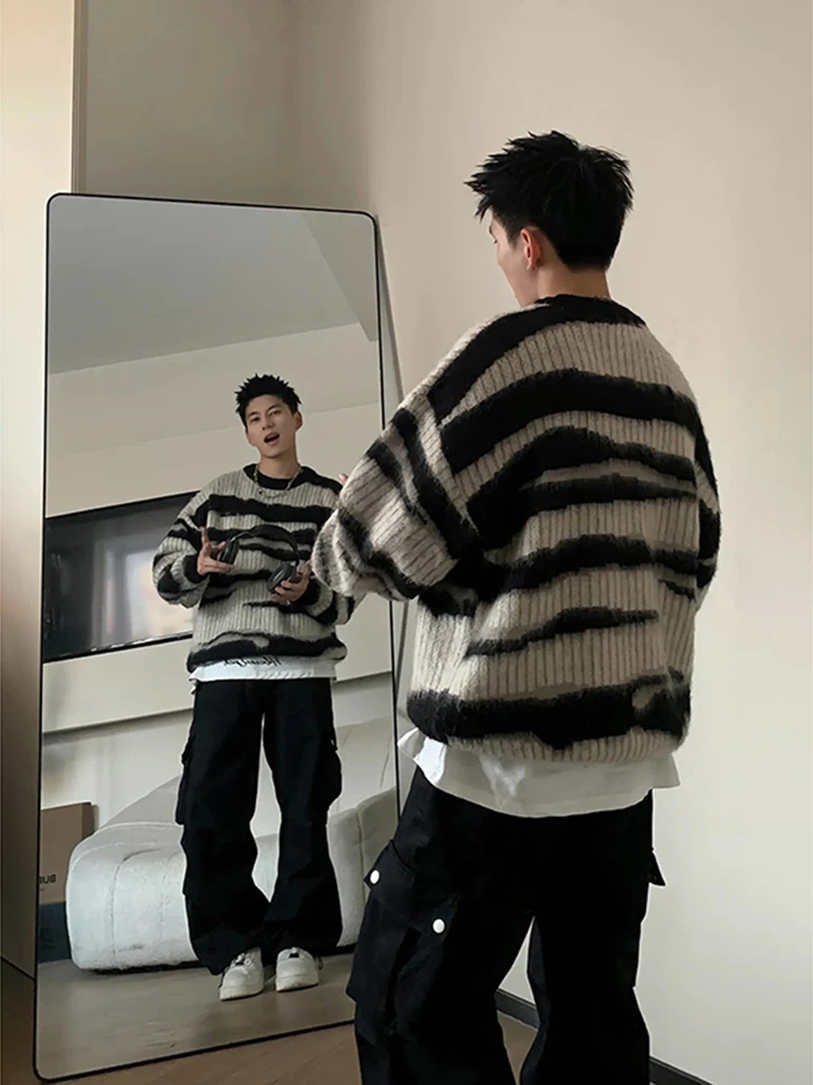 

Мужской зимний вязаный свитер Thiened Lazy Sle с волосами, черно-белые полоски, повседневное длинное пальто Sve round Ne Top Coat
