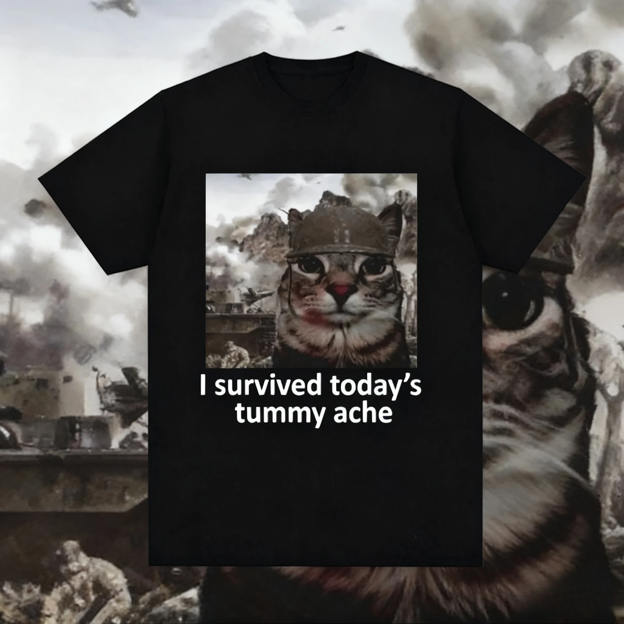 2025 الصيف نجوت اليوم آلام البطن تي شيرت مضحك القط ميمي قصيرة الأكمام تي شيرت الرجال النساء القطن عادية المتضخم تي شيرت #1