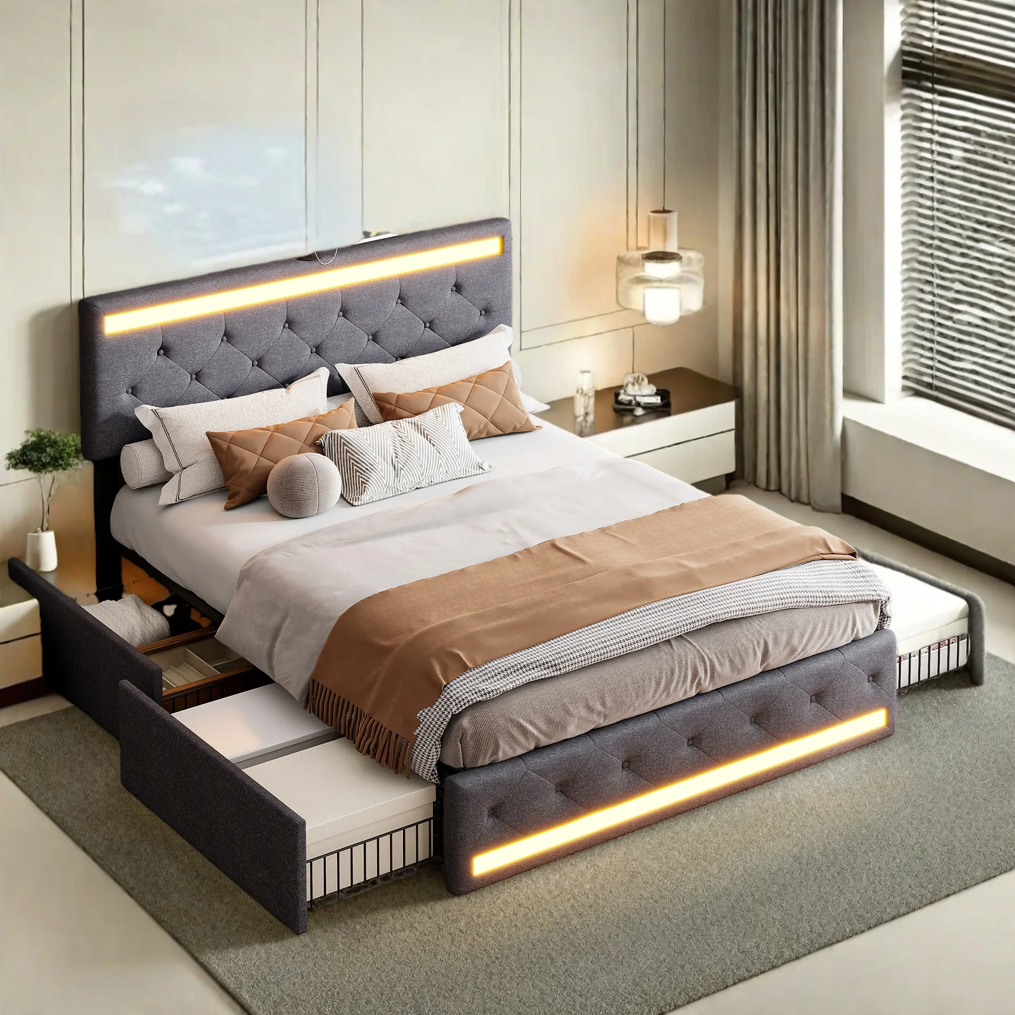 Cama Tapizada Comanlai con Espacio de Almacenamiento, Estructura de Cama con Tira de Luz y Carga USB, 4 Cajones, Lino, Gris Oscuro