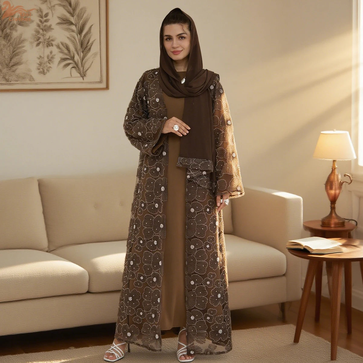 

Uni 2025 Luxury Handmade Dubai Abaya Lace Floral Pearl Beaded Cardigan Muslim Women Abaya Modest Dresses with Matching Hjiab