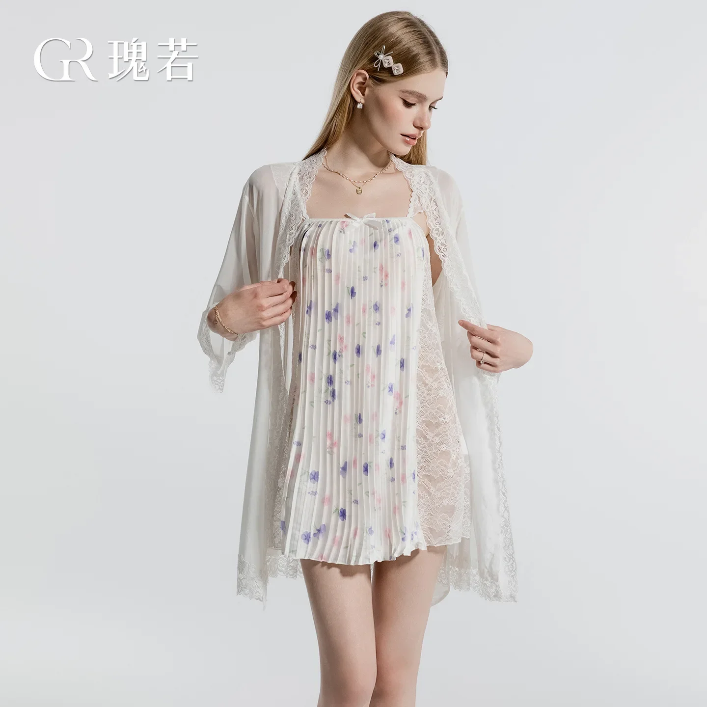 Women Sweet Printed Satin Pleated Camisole Nightgown 2Pcs Set Sheer Lace Bow Decor Soft Lightweight Elegant Summer Loose Loungew