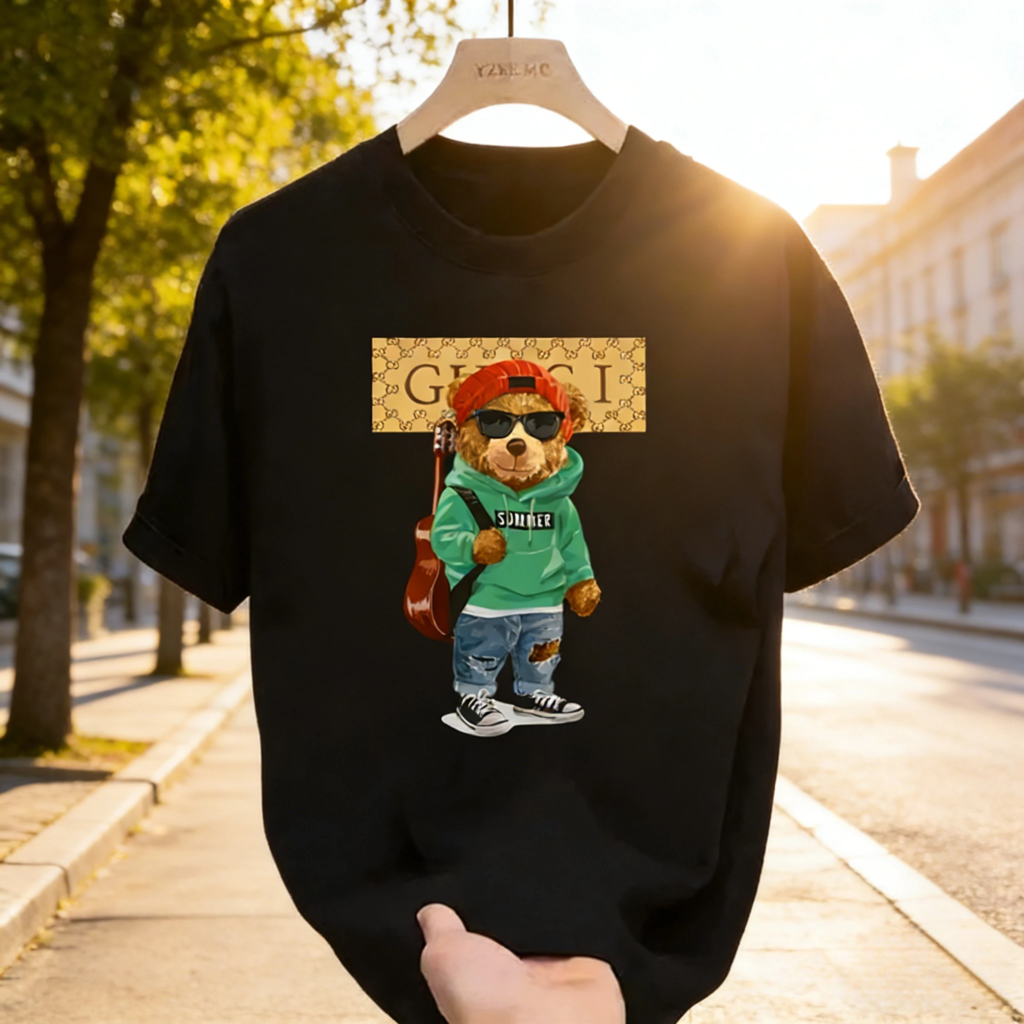 

26 новых роскошных мужских модных футболок с клетчатым принтом медведя, из чистого хлопка, с круглым вырезом, трендовые, высококачественные, в стиле начала XXI века.