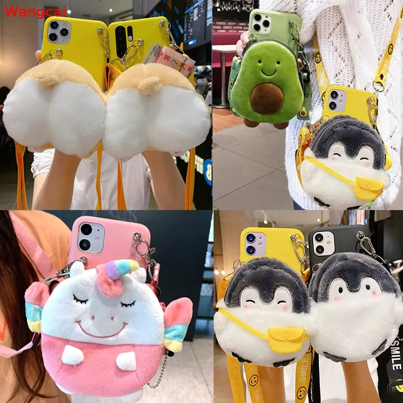 Cute Plush Fur unicorn Dinosaur Wallet Bag for Samsung Galaxy A10E A20E A10 M10 A50 A50S A30S Case Avocado Coin Purse Rope Cover