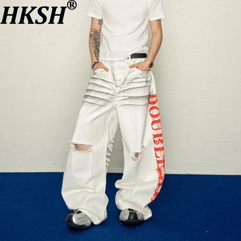 HKSH Spring Summer New Men Tide Distressed Brush Pattern Rubber-print Ripped Jeans Casual Loose Wide-leg Denim Pants Ins HK21889