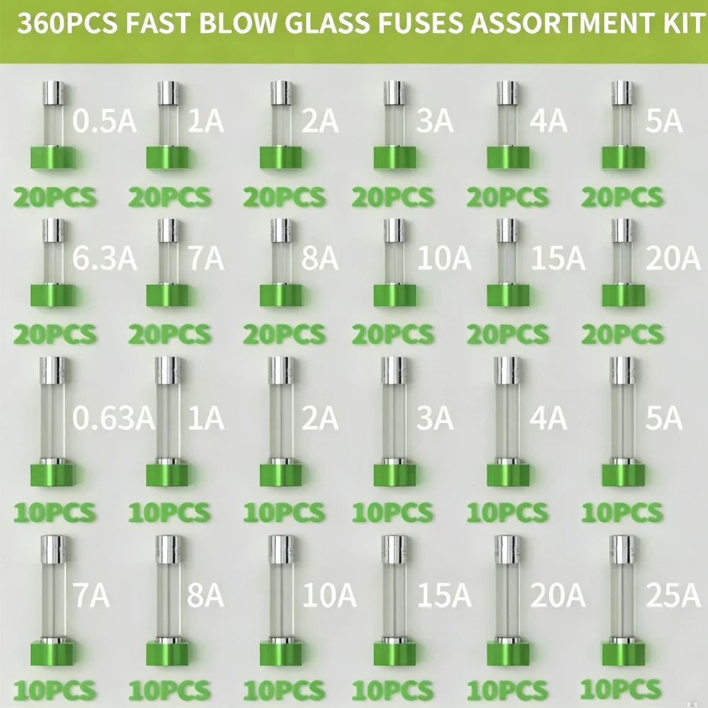 360-teiliges Sortiment an Schnellverschmelzenden Glas-Sicherungen 5x20mm 0,5A-20A & 6x30mm 0,63A-25A Schnellverschmelzende Röhrensicherungen Gemischtes Ampere-Set – Detail 1