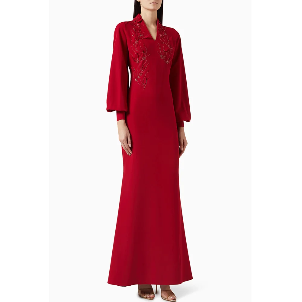 Abito da sera a sirena rossa con maniche a sbuffo Personalizzato piccolo scollo a V con perline Foglie Abiti da ballo formali arabi alla caviglia