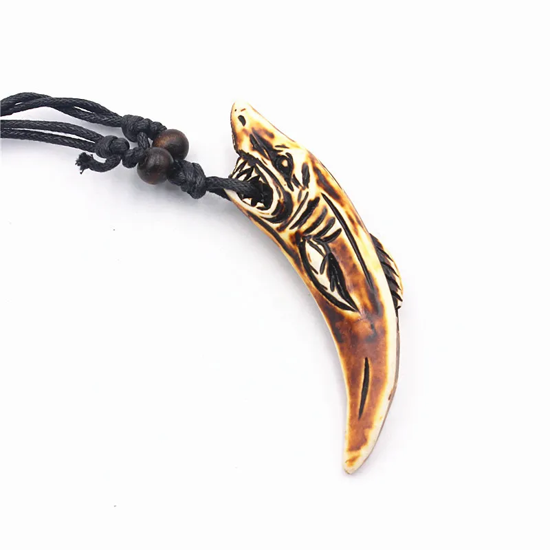 1pcs Real Wolf Teeth Yak Bone Wood beads Tooth Amulet Charm Pendant Necklace Wax Cord