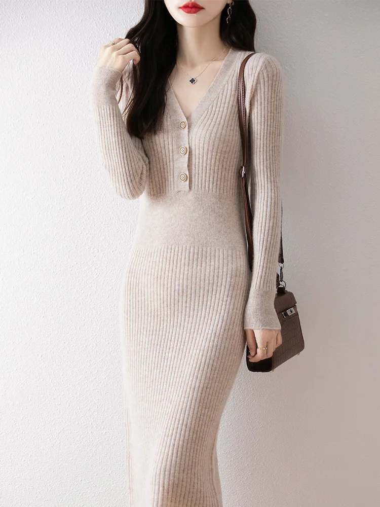 Women 100% Merino Wool Sweater Dress Mid-Length V-neck Buttons Slim Pullover Skirts Autumn Winter Soft Office Lady Knit Dress