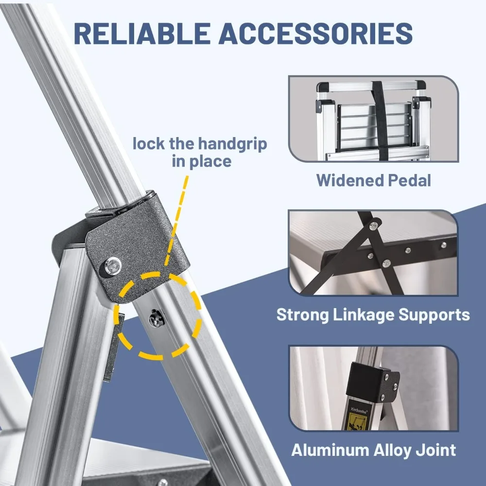 4-traps ladder, intrekbare handgreep, opvouwbare opstapkruk met antislip breed pedaal, aluminium krukladders 4 treden, 330 lb