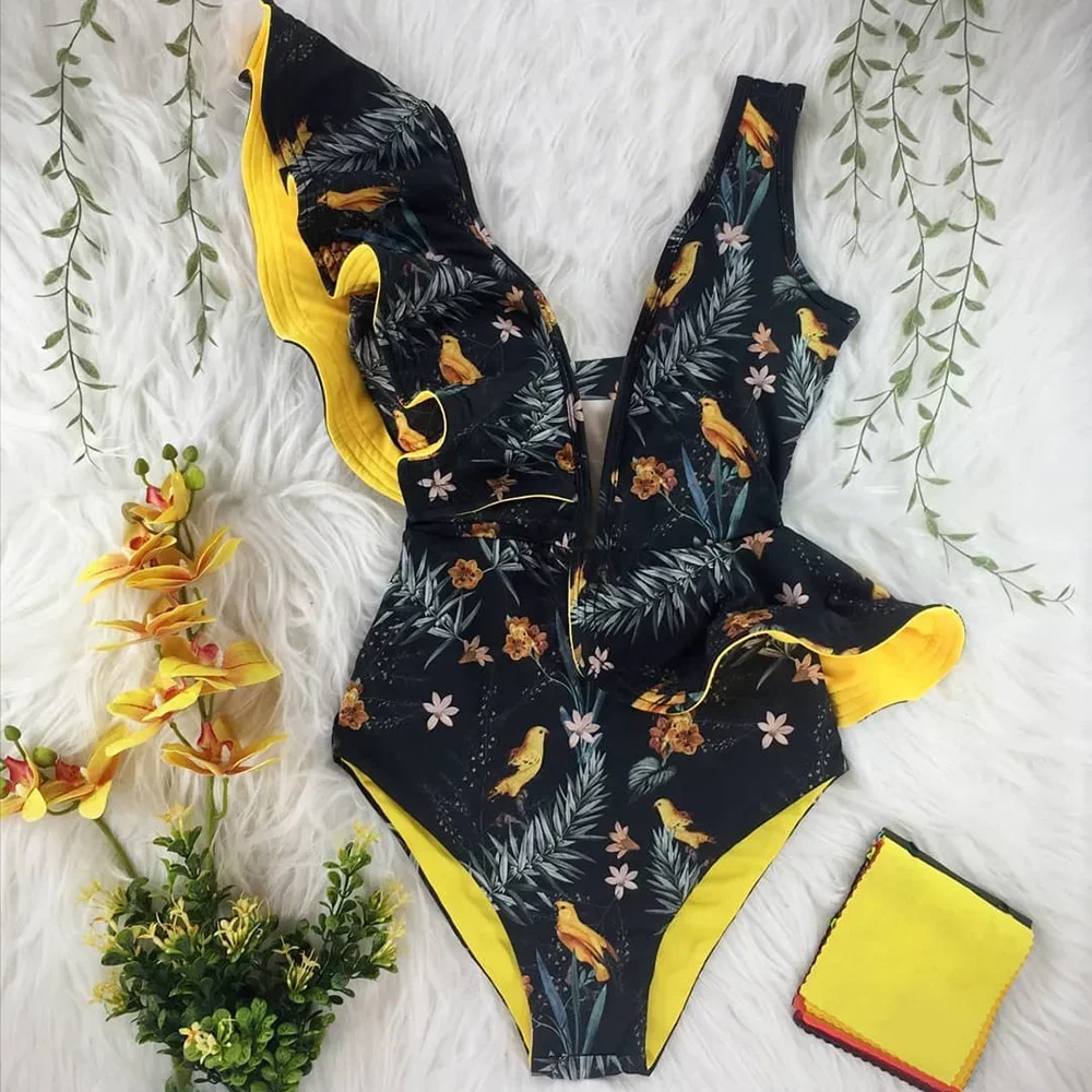 2023 New Sexy Ruffle Print Floral One Piece Swimsuit Off The Shoulder Swimwear Women Solid Deep-V Beachwear Bathing Suit Monkini