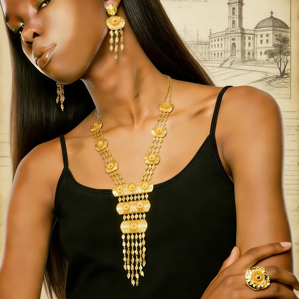

Fashion Earring Jewelry Long Necklace Jewelry Ring Set Dubai Drop Earring with Ring Gold Color Jewelry Necklace Women Design Set