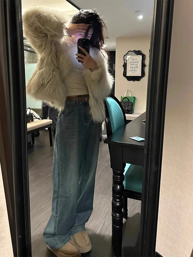 ريترو الأزرق الأمريكية عالية الخصر مستقيم الساق الجينز المرأة زائد حجم فضفاض التخسيس واسعة الساق الطابق طول السراويل #2