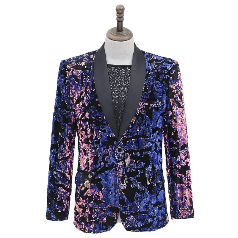 

Men Glitter Sequins Tuxedo Blazer Shawl Collar One Button Slim Velvet Suit Jacket Coat Singer Concert Host Party Prom Costume