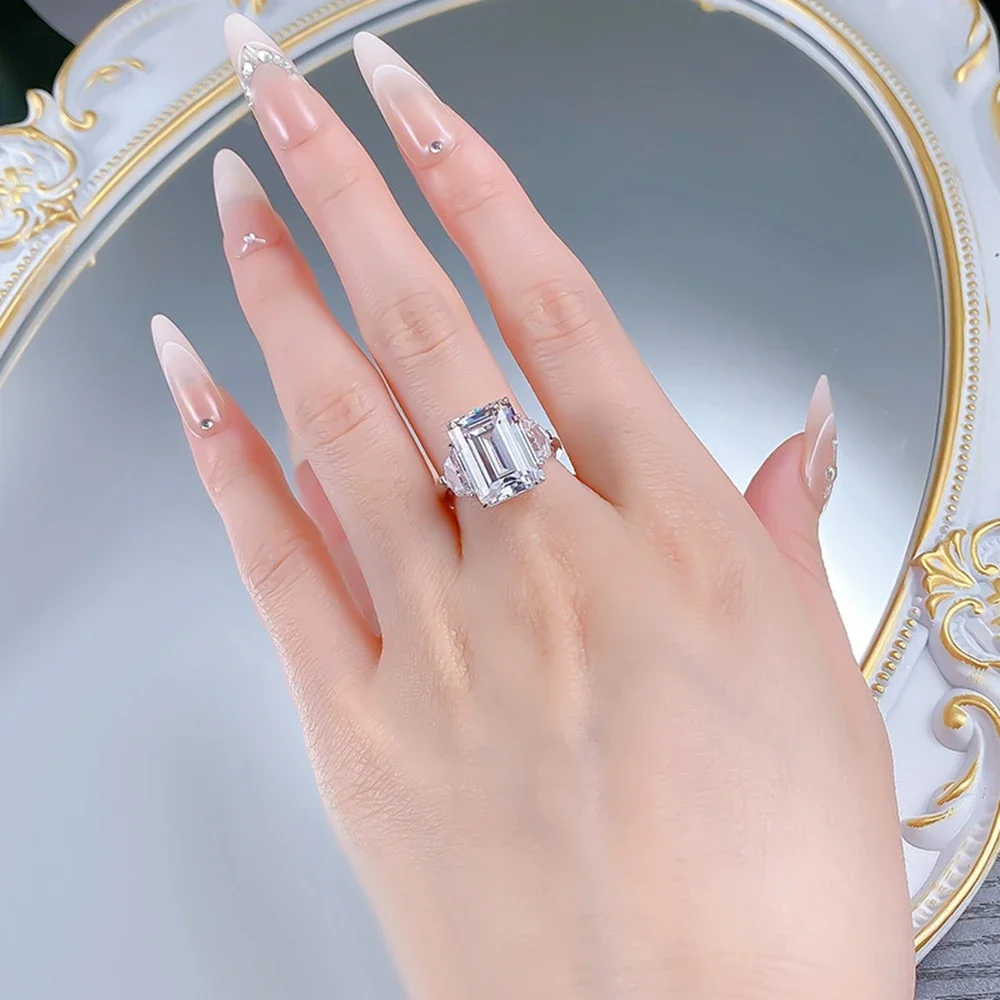 Yaranyan 925 Sterling Silver Emerald Cut 10*14 MM Lab Sapphire High Carbon Diamond Engagement Ring for Women Fine Jewelry Gifts