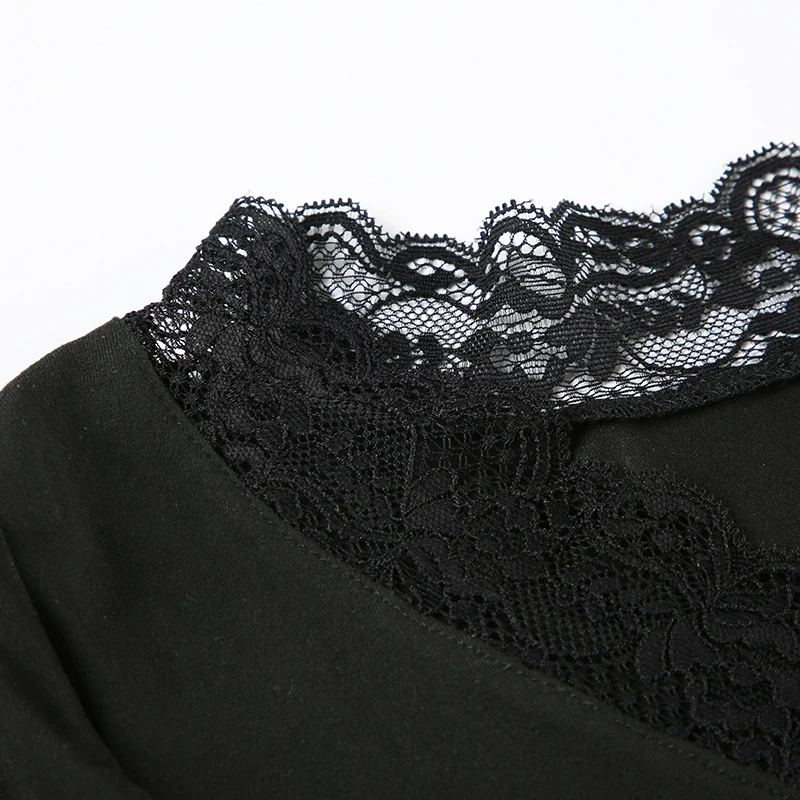 SUCHCUTE Spitzen-Patchwork Schwarzes Figurbetontes Elegantes T-Shirt Langarm V-Ausschnitt Damen-Oberteil Y2K Pullover Modische Kleidung Frühling – Detail 7