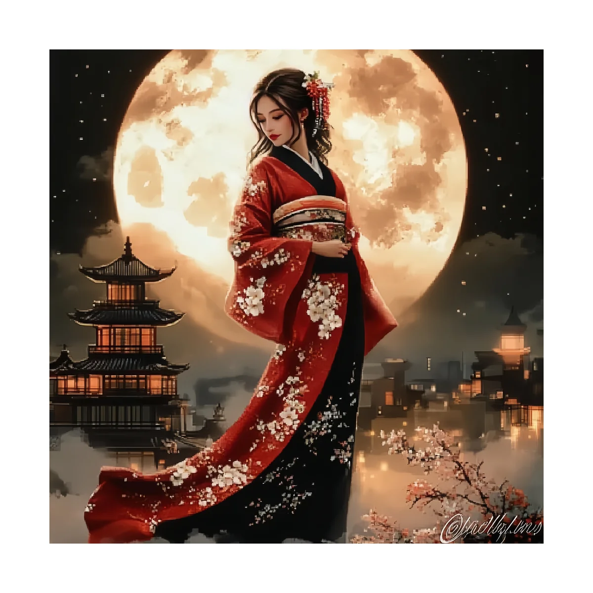 1 Stück 40x40 cm/15,74 Zoll, 11Ct/14Ct Kreuzstich-Set, DIY Valentinstagsgeschenk, Stickerei-Set für Festlichkeiten, Kimono-Dame im Mondlicht – Detail 3