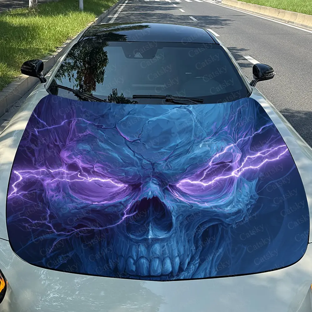 Purple Lightning Skull Car Hood Sticker, Premium Vinyl Sticker For Automotive Exterior Customization, Durable PVC Vinyl Wrap