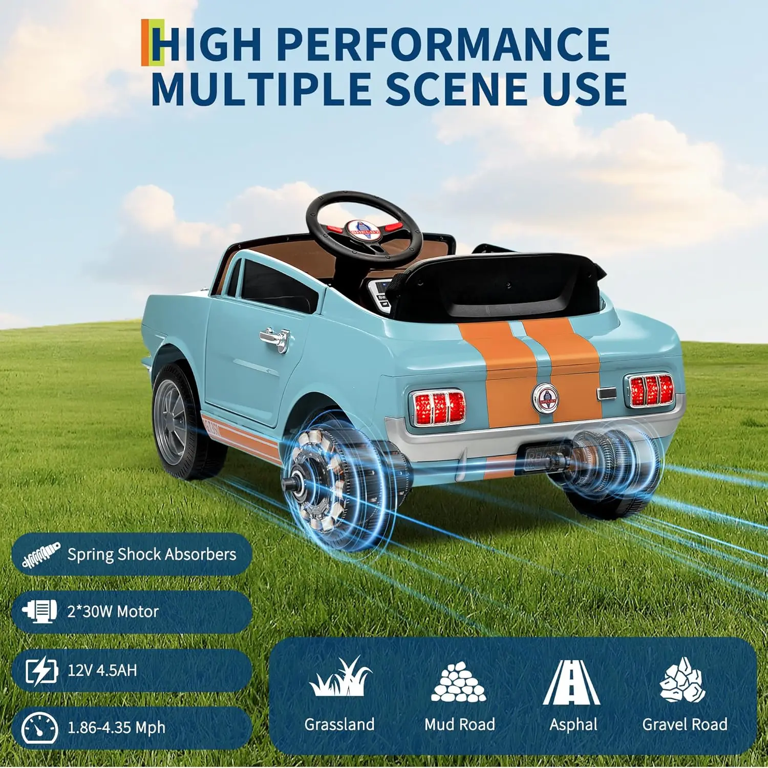 Licencjonowany pojazd elektryczny dla dzieci Shelby |   Zabawka elektryczna 12V z pilotem |   Światła LED, MP3, Bluetooth |   dla chłopców i dziewcząt