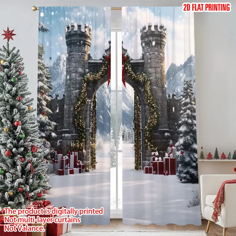 

2pcs 2D flat printing Merry Christmas Popular Curtains Snow View Villa Machine Washable Polyester Without Electricity Party