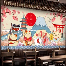 Hand-painted Cartoon Japanese Sushi Lucky Cat Industrial Decor Mural Wallpaper 3D Japanese Cuisine Sushi Restaurant Wall Paper