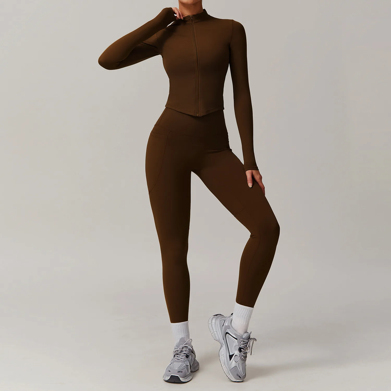 2 Pieces Yoga Set Fitness Jacket Workout Set Sportswear Women Gym Clothes Long Sleeve Crop Top High Waist Leggings Sports Suit image 3