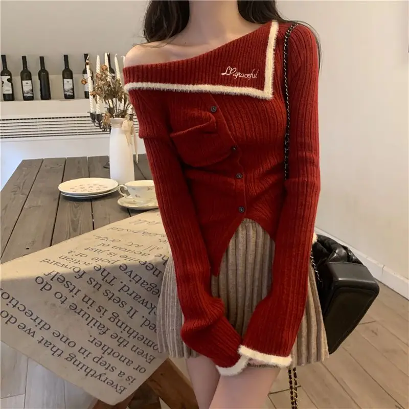 DAYIFUN Women's Red Christmas One Shoulder Cardigan Solid Color Slim Fit Knit Sweater Single Breasted Fashion Sweaters for Women