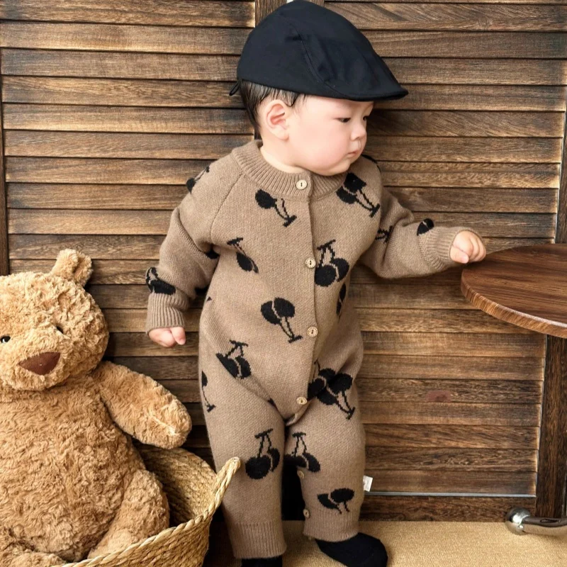 

Sweet Loose Infant Boys One Piece New Autumn Baby Rompers 0-3T Cute Knitted Cherry Girls Single Breasted Jumpsuit